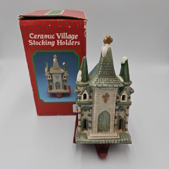 Vintage Christmas Ceramic Village CHURCH -‎ Holiday Stocking Holder - Picture 1 of 6
